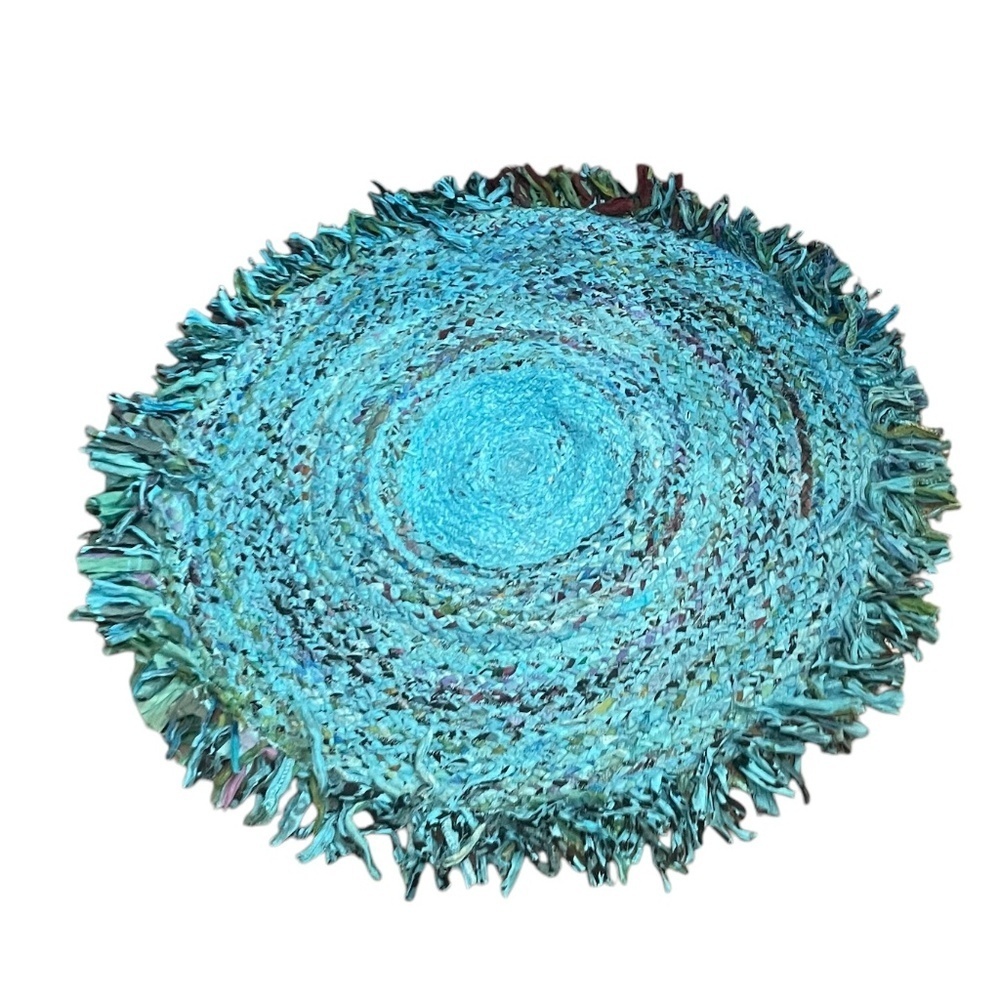 NWOT Handmade Braided‎ Multi Color Block Rag Rug With Fringe Round Rug,